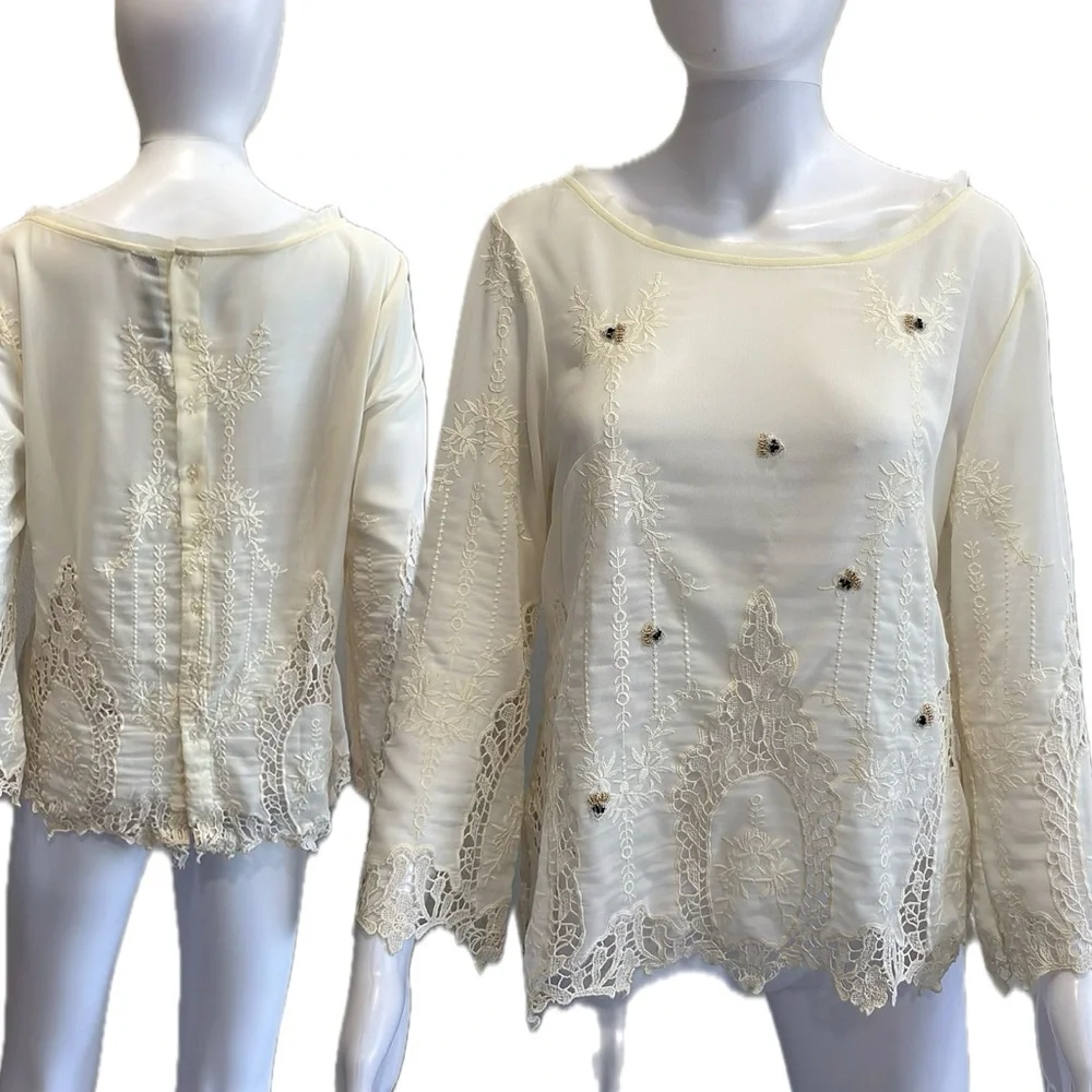 Anthropologie Arrata Silent Journey Sheer Beaded Embroidered Crochet Lace Top M